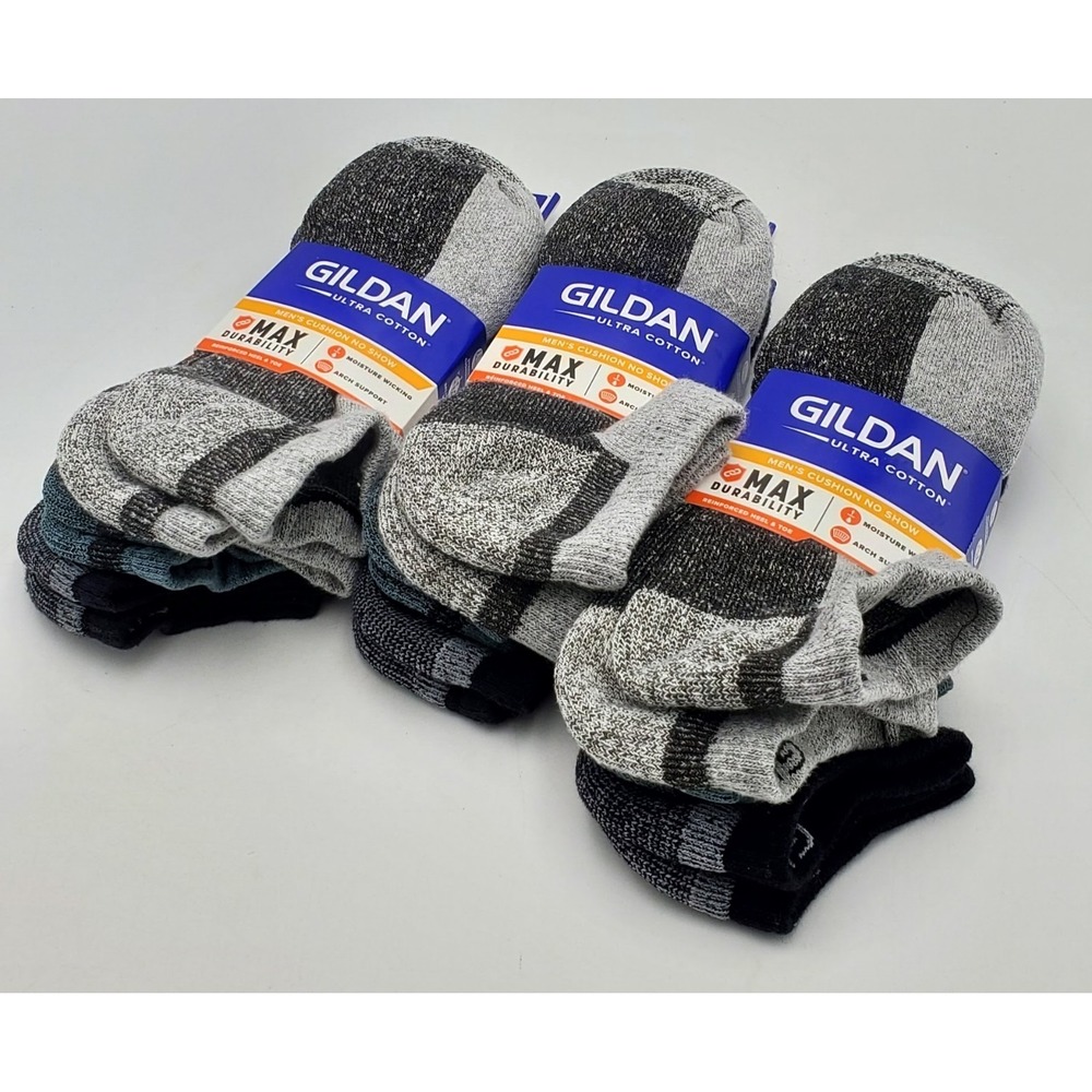 Gildan Ultra Cotton No‑Show Socks 3 Pks 9 Pairs Mens Size 6‑12 Gray  Black Blue
